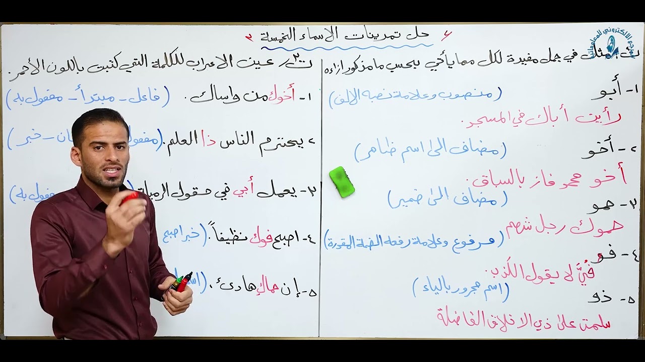 مادة اللغة العربية للصف الثاني متوسط : حل تمرينات الاسماء الخمسة
