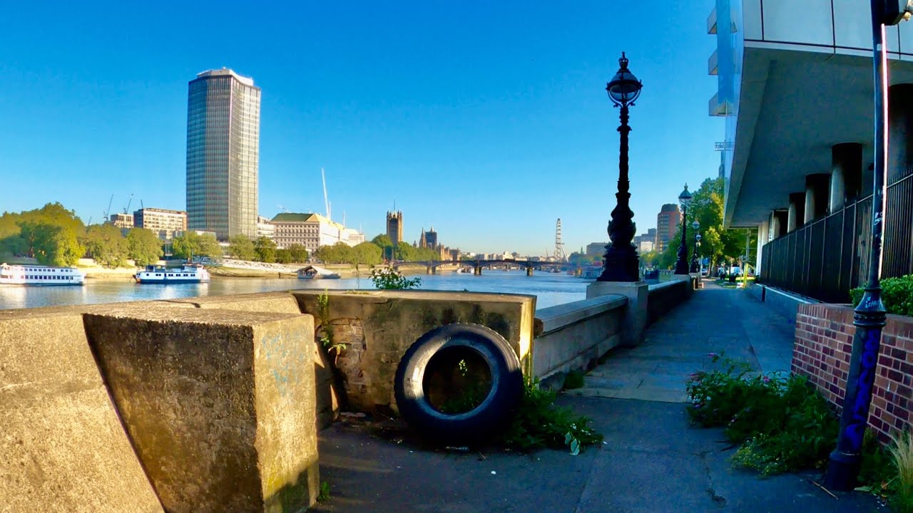 London Walk Tour | Walking Along River Thames (south side - Albert Embankment)