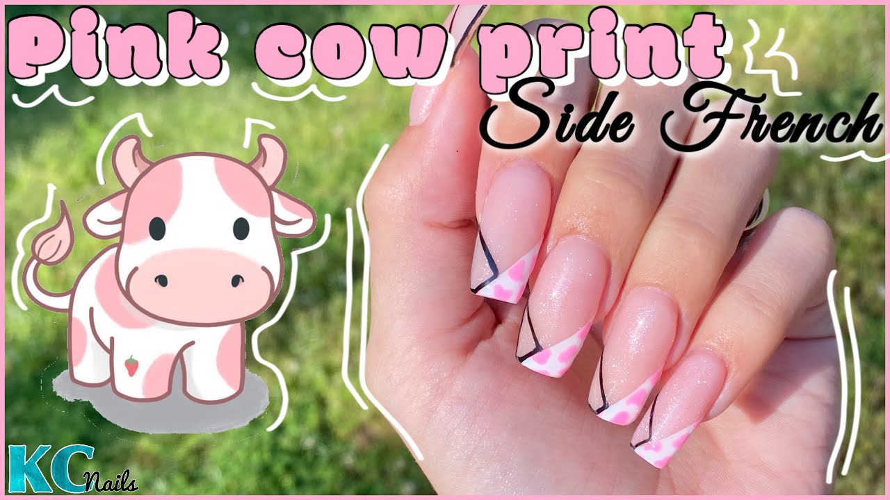 Side French Tip Nail Design | Pink Cow Print V-Tip Nail Art | Gel Paint Nails