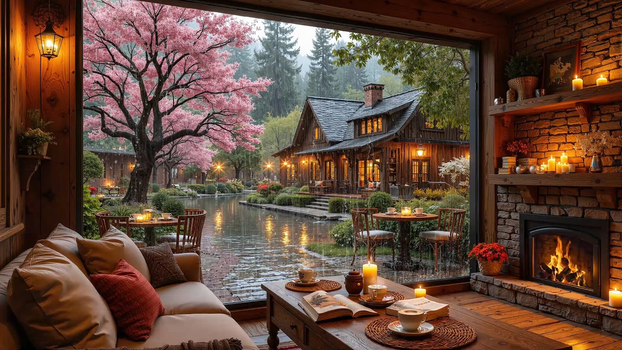 Quiet Coffee Shop Ambience on a Rainy Day 🌧️ Peaceful Jazz Music & Fireplace Glow for Happy Mood