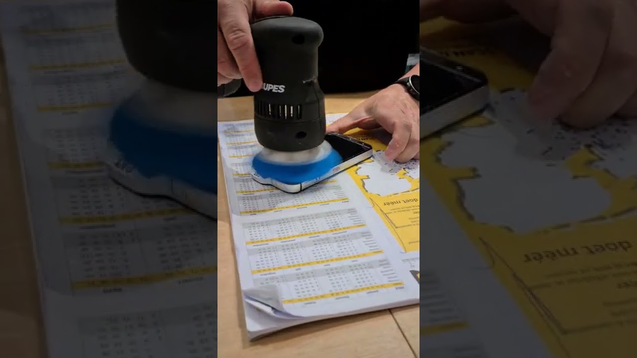Polishing a telephone with a Rupes HLR75 Mini Bigfoot iBid cordless polisher
