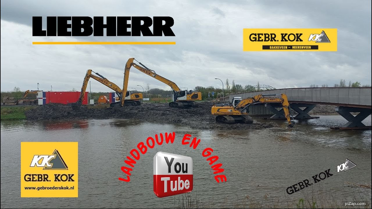 gebroeders kok pad weg graven naast brug met 3 liebherr graafmachines Oost Groningen g.w.w grondwerk
