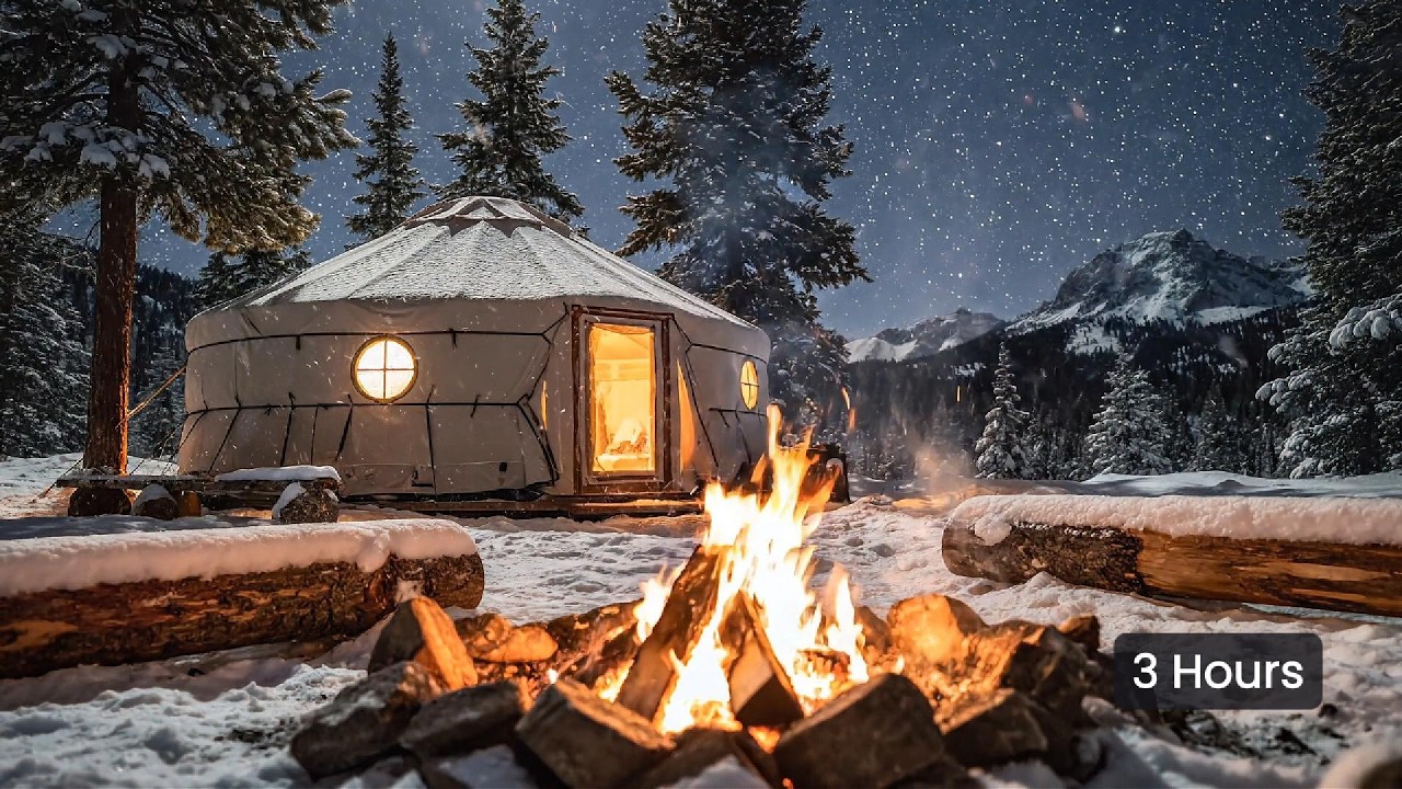 Snowy Mountain Yurt Campfire | Cozy Winter Camping Fire Sounds | 3 Hours
