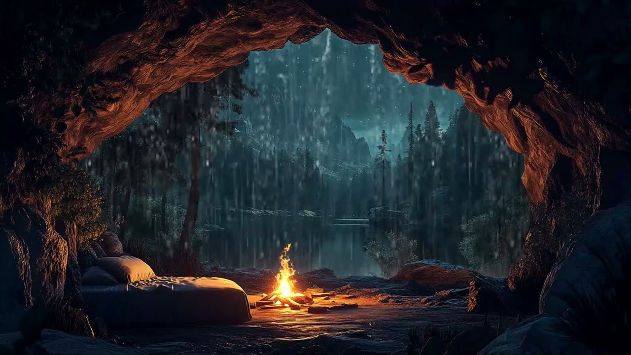 Hidden Cave On Rainy Night with Campfire and Rain Sound For Deep Sleep Meditation and Relaxation