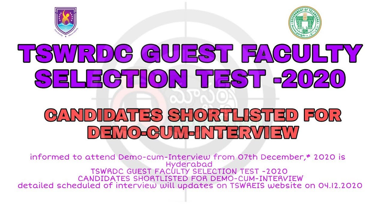 TSWRDC GUEST FACULTY  -2020   CANDIDATES SHORTLISTED FOR Demo cum Interview Ts Gurukula themastersed