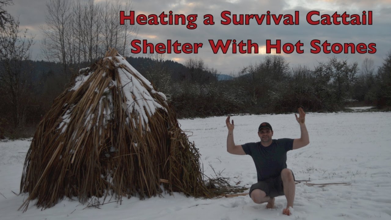 Heating Survival Shelter with Hot Stones, Cattail Roots, Hand Drill Fire