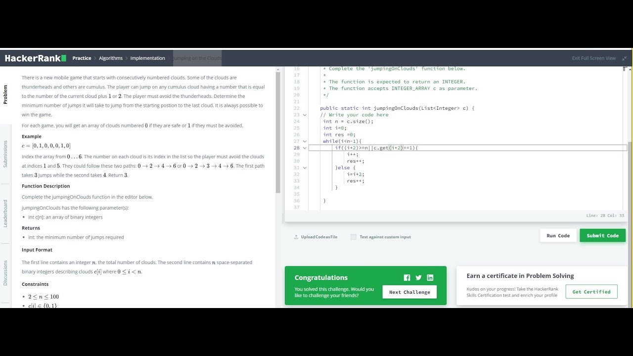 Jumping on the Clouds #HackerRank
