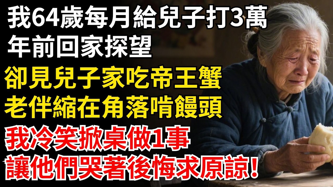 我64歲每月給兒子打3萬，年前回家探望，卻見兒子家吃帝王蟹，老伴縮在角落啃饅頭，我冷笑掀桌做1事，讓他們哭著後悔求原諒！#晚年生活#中老年生活#為人處世#生活經驗#情感故事#幸福人生