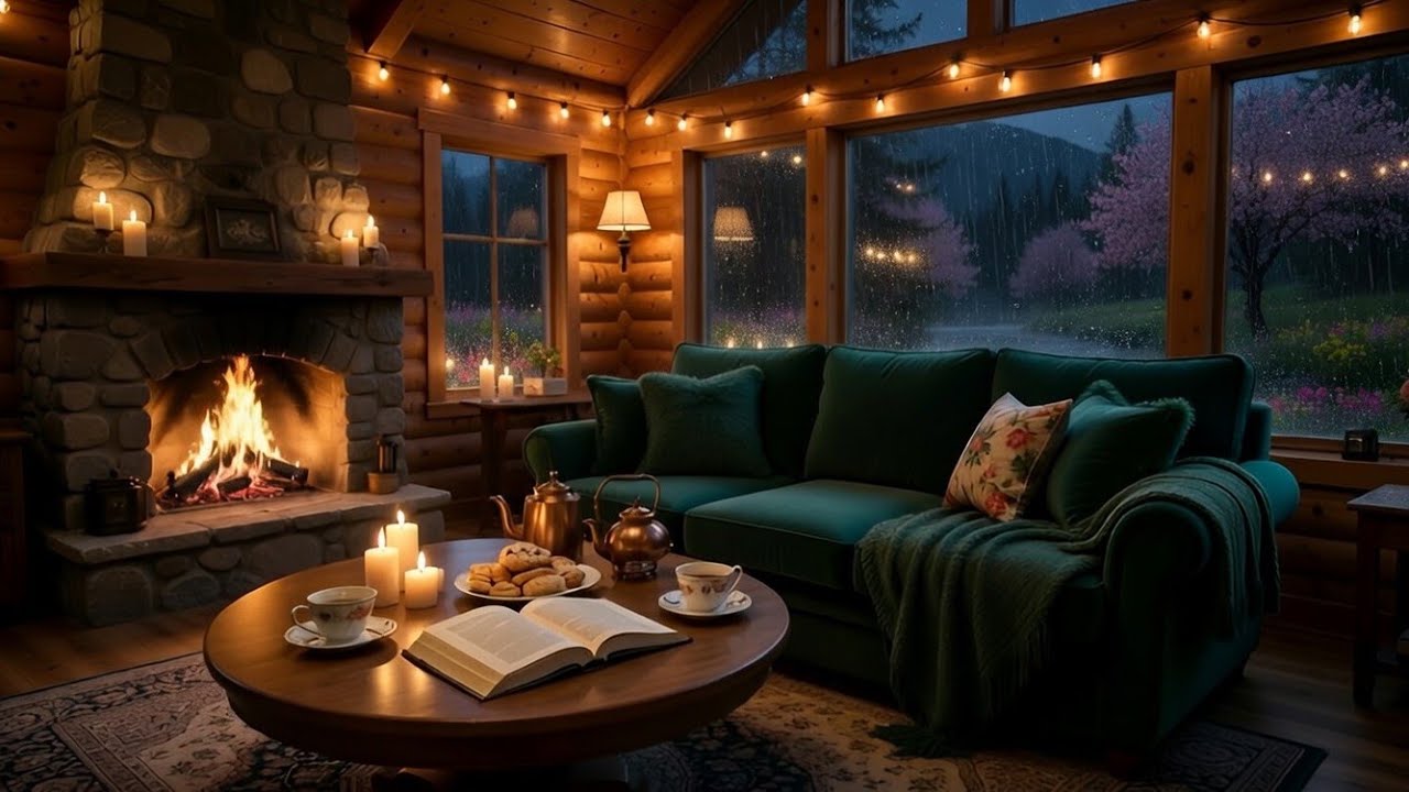 Heavy Rain at Night in a Cozy Cabin 🌧️ Relaxing Rain Sounds & Fireplace for Deep Sleep #sleepmusic 