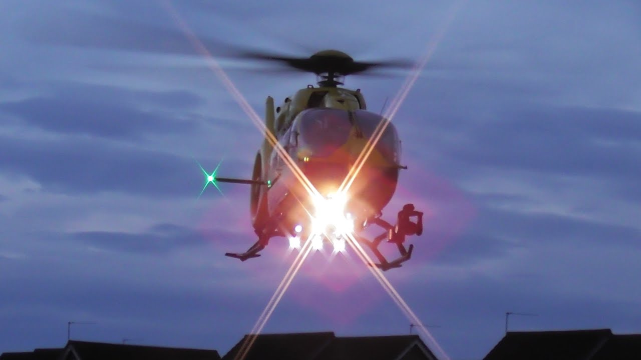 [After Sunset Takeoff! - East Angilan Air Ambulance Airbus H145 Takeoff from James Paget Hospital