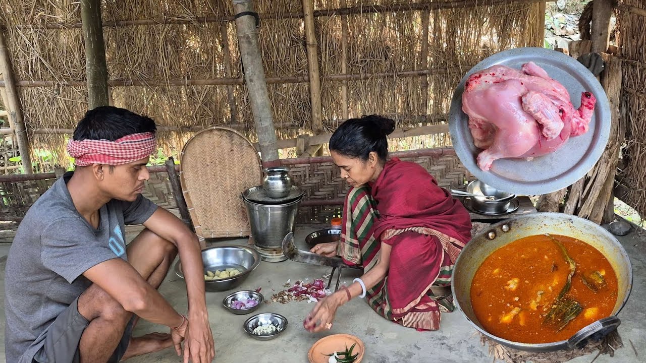 How Rural Country Side Mother And Son Cooking & Eating CHICKEN CURRY Recipe For Lunch
