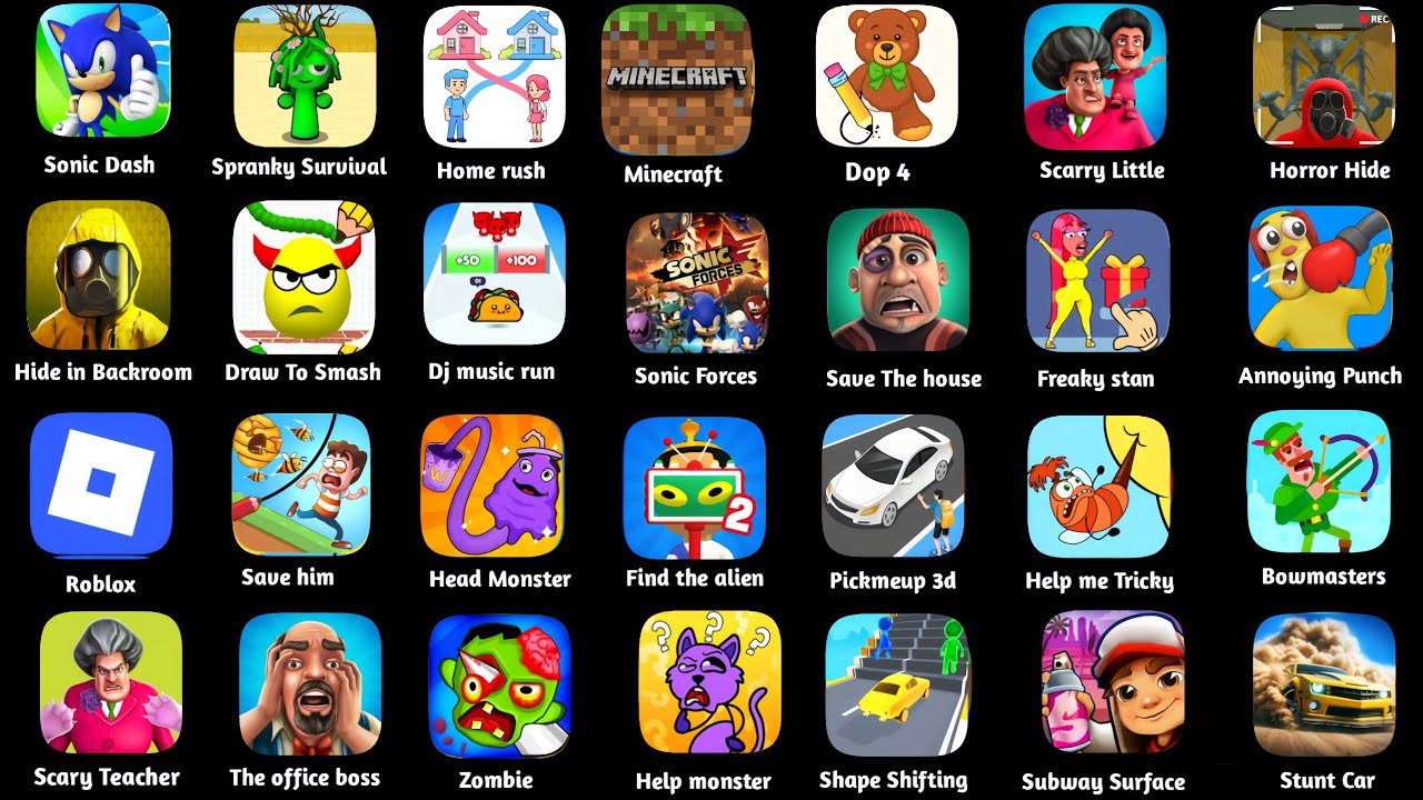 Roblox,Minecraft,Spranky Survival,Draw to smash,Huggy Story,Find the alien,Bowmasters,Scray Teacher 