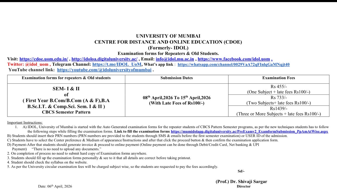 IDOL CDOE FY SEM 1 & 2 Repeater KT Exam Form Filling Date 2026 | Step-by-step Guide