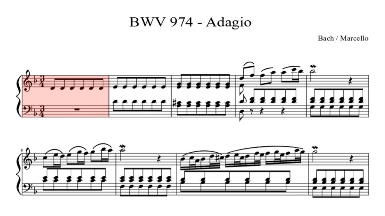 Bwv 974 - Adagio In D Minor by Johann Sebastian Bach  Piano Sheet Music