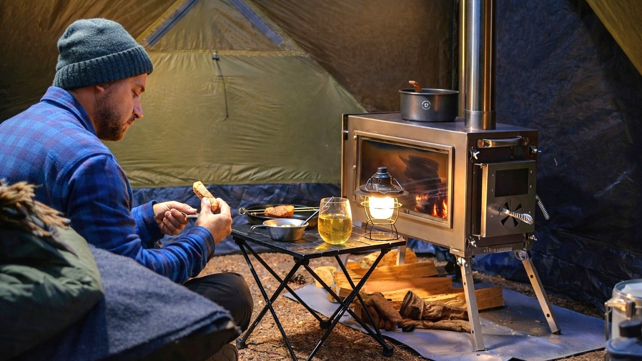 -3°C Hot tent Solo Camping with My Dog . Grilling Fish . Cozy Wood Stove ASMR