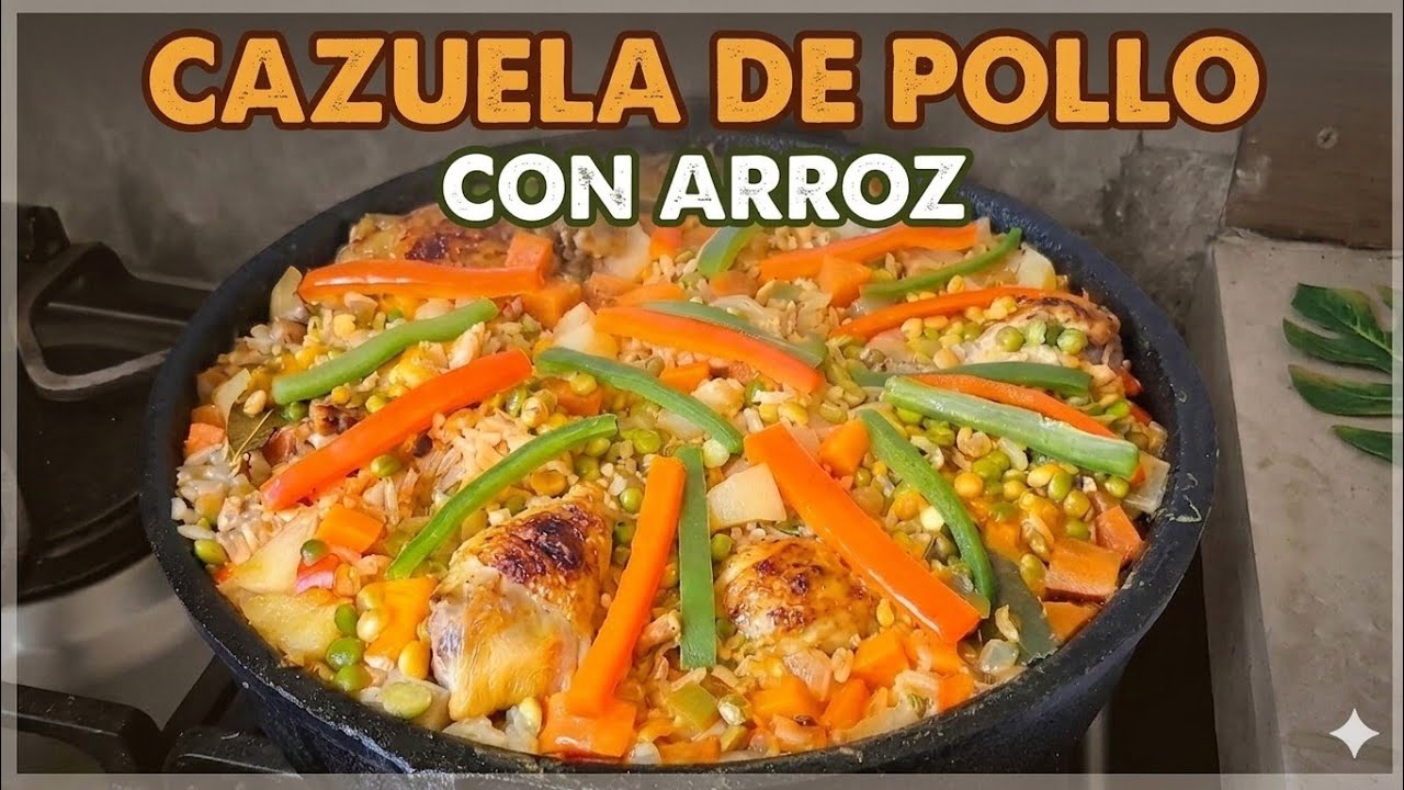 Cazuela de pollo con arroz, cocinado en sartén de hierro fundido