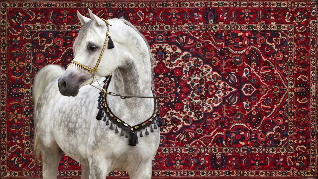 لوحة خيل عربي بخلفية سجاد شرقي أحمر للتلفاز | شاشة توقف | TV Art