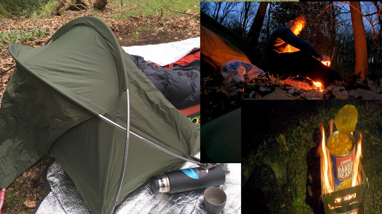Alpkit Bivvy Woodland Camp with a tin of Aldi Baked Beans A flask Of Tea One Tigris Twig Stove Too