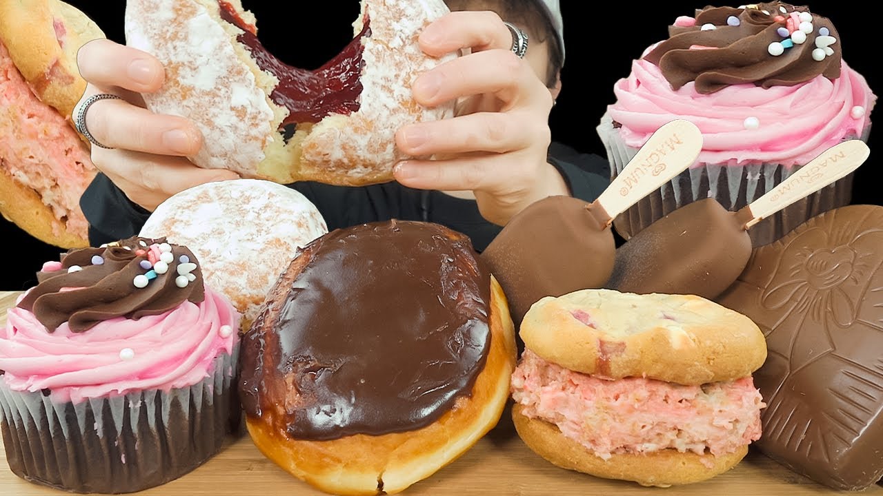 ASMR Chocolate Raspberry Desserts *Jumbo Cupcake, Donuts, Cheesecake Cookies, Magnum Ice Cream