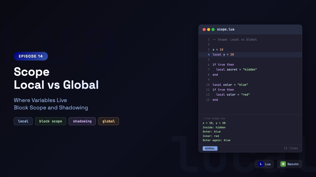 Learn Lua in Neovim: Variable Scope — local Keyword, Block Scope & Always Use Local | Episode 14