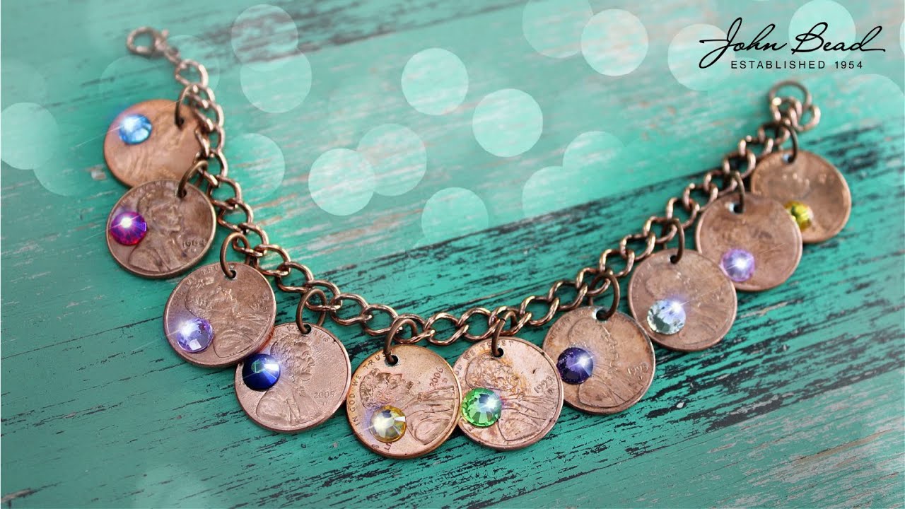 Penny Charm Bracelet -John Bead Chain and Findings and Crystal Lane Rhinestones