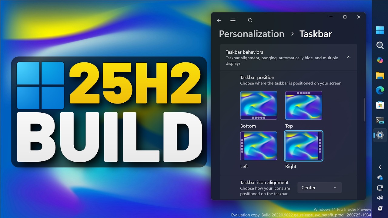 Windows 11 25H2: Новые положения и размеры панели задач &mdash; сборка 26220.9022 (бета-версия)
