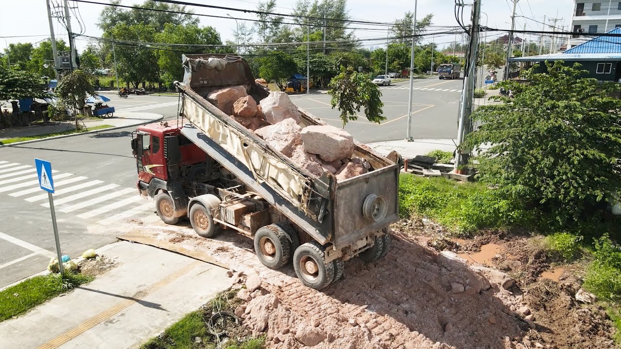 Incredible Move On Stone Project Using Heavy KOMATSU Bulldozers Push Filling Low Land With Trucks