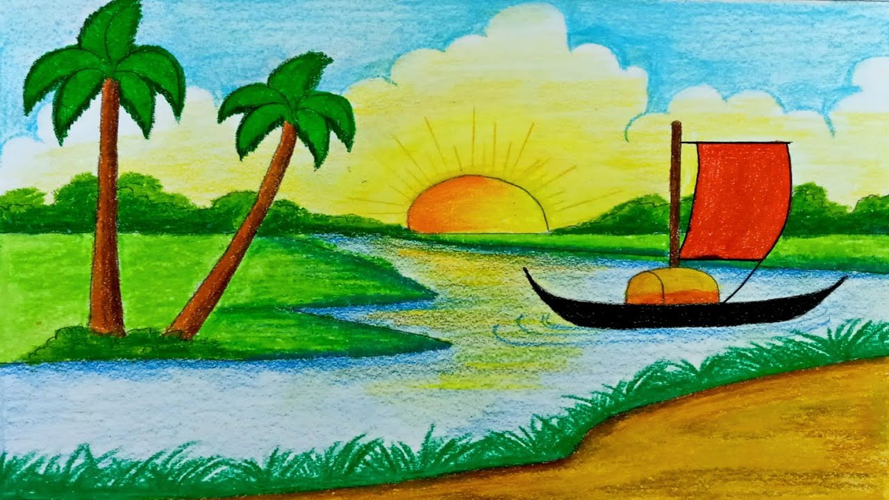 How to draw Riverside landscape || Beautiful Riverside scenery Drawing || step by step by Iqra