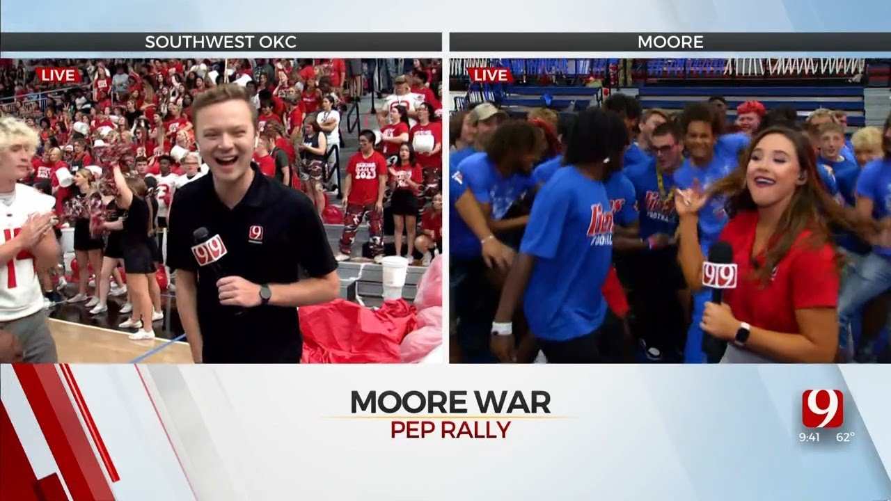 WATCH: News 9's Storme Jones, Jordan Dafnis Join Moore Pep Rallies Ahead Of Matchup