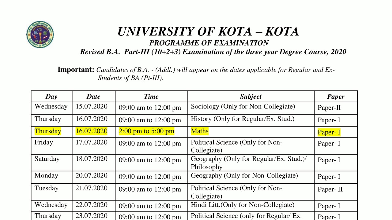 B.A 3rd year new exam time table 2020 | University of kota |
