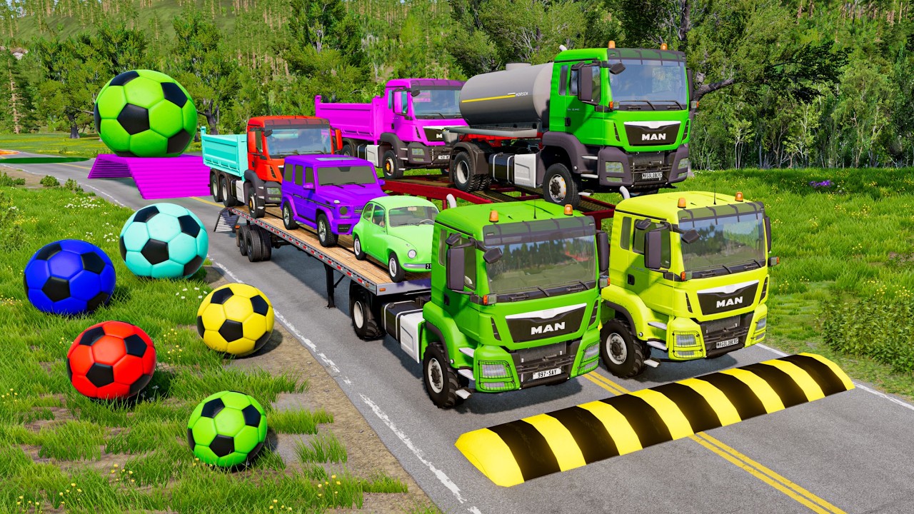 TRANSPORTING PIXAR CARS & FRUITS WITH COLORED & JOHN DEERE vs CLAAS vs TRACTORS - BeamNG.drive #983