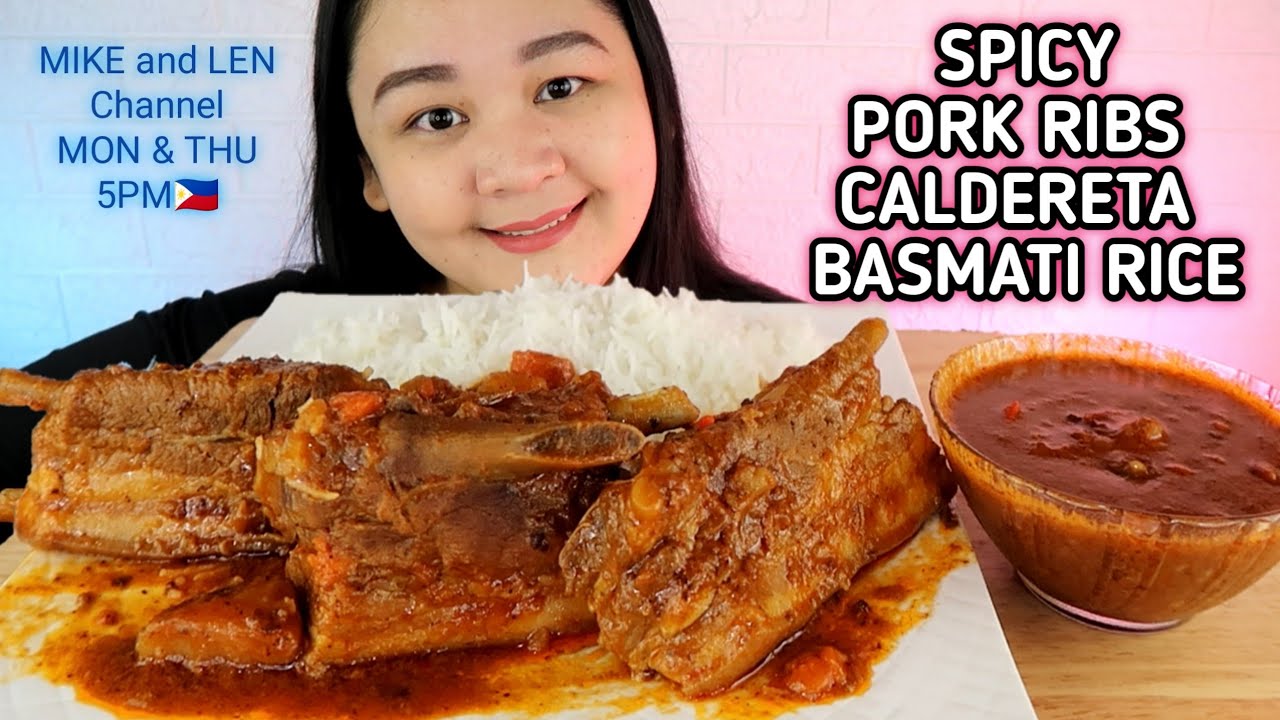 SPICY PORK RIBS (PORK BELLY) KALDERETA + BASMATI RICE |Putok Batok Filipino Food Mukbang Philippines
