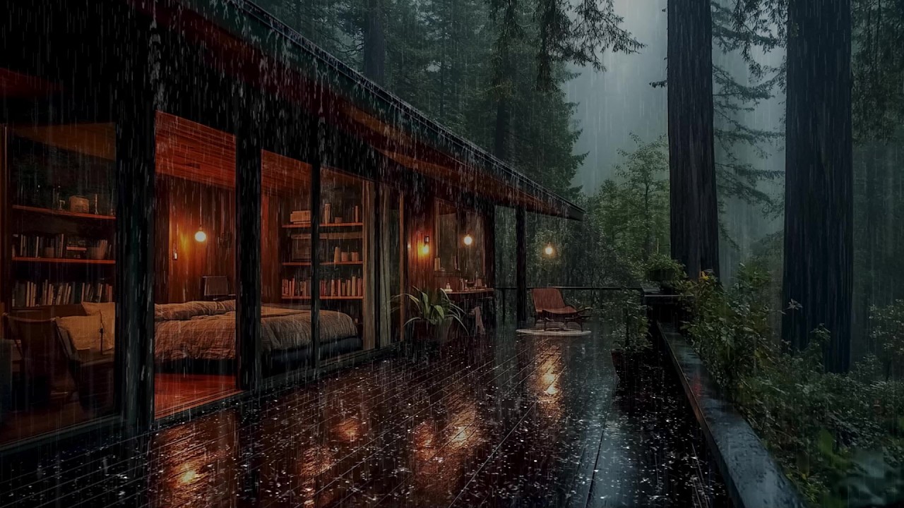 🕯️ Serene Rainy Night in a Warm Cabin Bedroom | Glass Raindrops & Hearth Fire | Relax Deeply