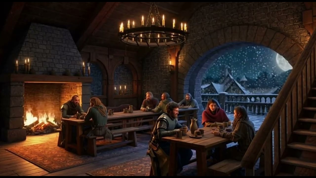 Busy Tavern on a Snowy Night 🍺🔥🌨️ | Medieval Fireplace Ambience with Soft Voices | 3 Hours