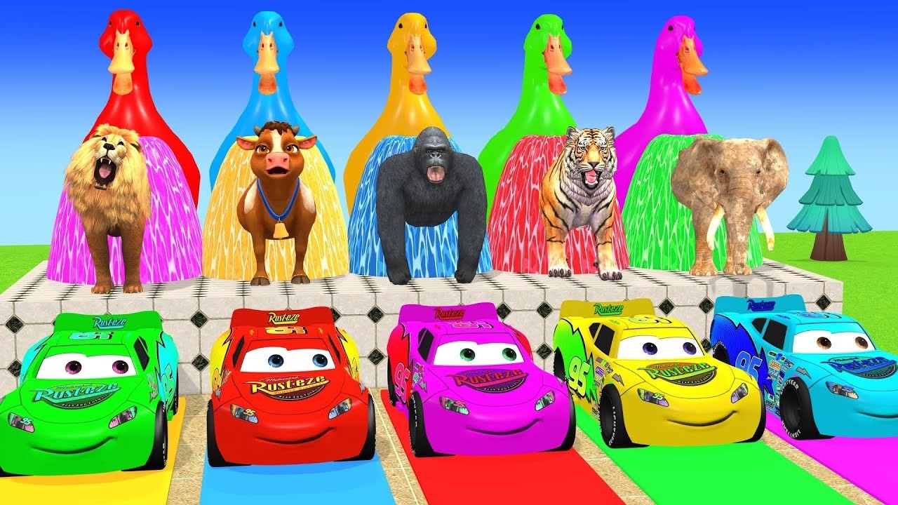 Long Slide Game With Cow Elephant Gorilla Hippopotamus Tiger 3d Animal Game Funny 3d AnimalsVideo