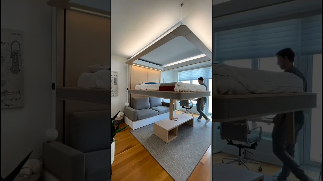 Lift bed 🤩 When not in use, the bed hides in the ceiling with the simple press of a button. #shorts