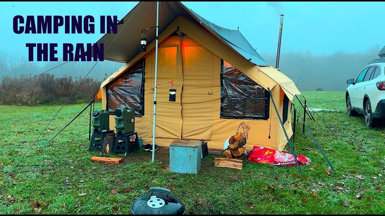 Camping in the Rain in an inflatable hot tent