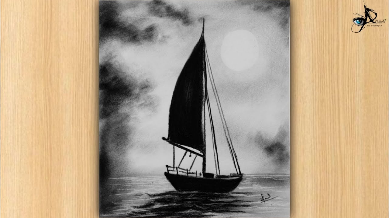 How to draw Boat in Moonlight-Charcoal Landscape Drawing-Peaceful Night Art Realistic Pencil Shading