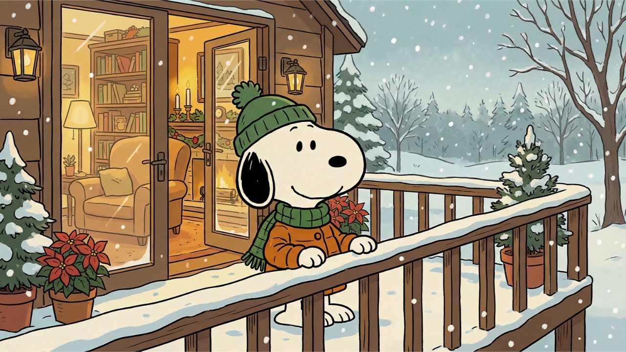 ❄️ Snoopy Cozy Winter Balcony 🌿 Chill Lofi Beats, Soft Snowfall & Warm Cabin Glow | Study & Relax