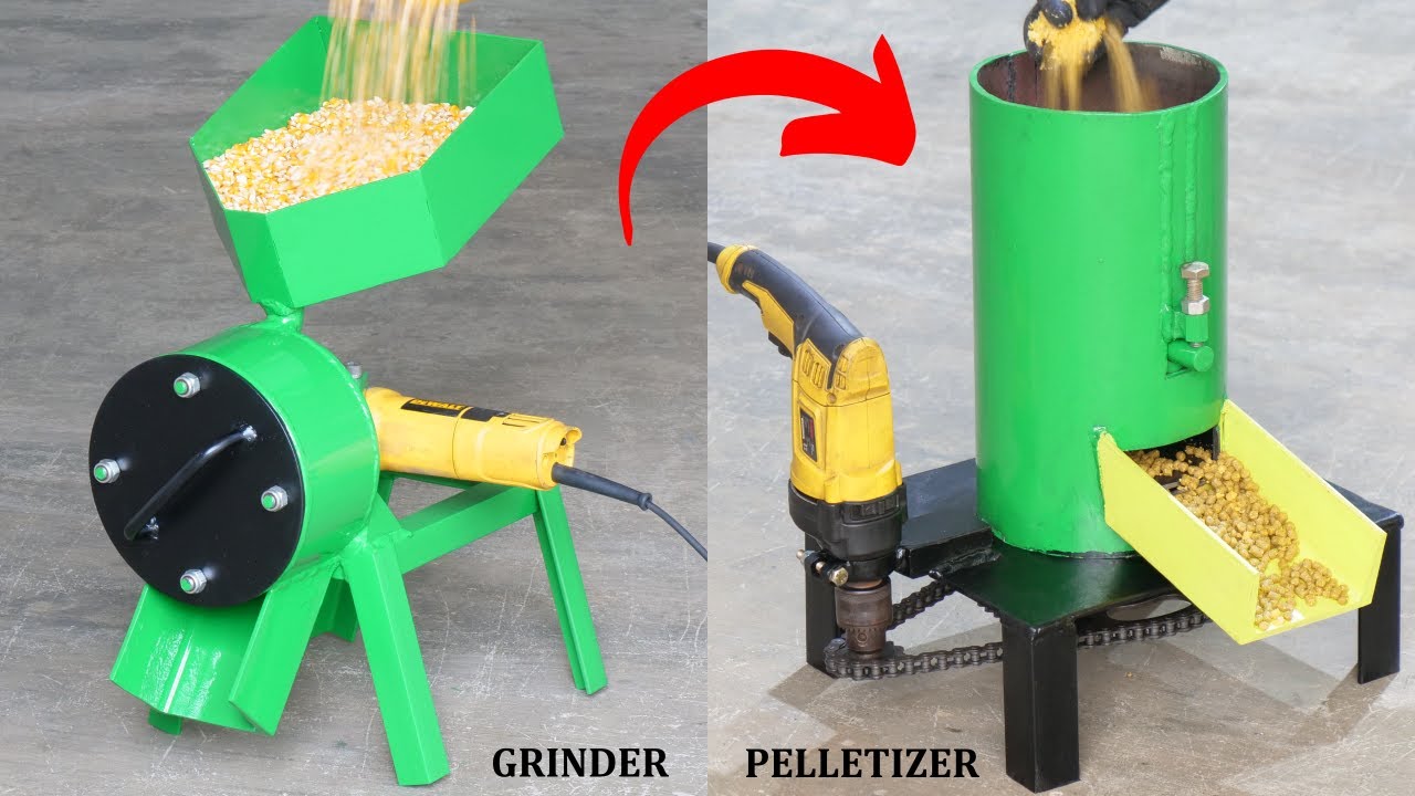 How To Make Homemade Feed Pellet Production Line Using Grinder And Drill | DIY