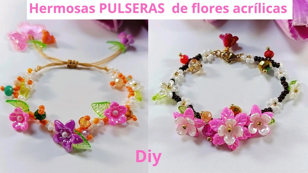 Cómo hacer una Pulsera de Flores Acrílicas con Cristales y Mostacillas | DIY Bisutería