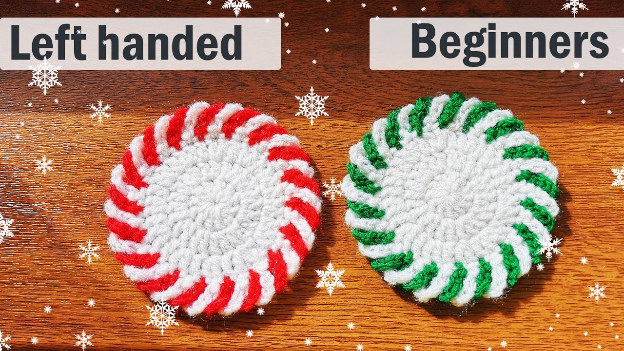Left Handed Crochet Christmas Coaster Peppermints Crocheted Candy Cane Coasters Project for Beginner