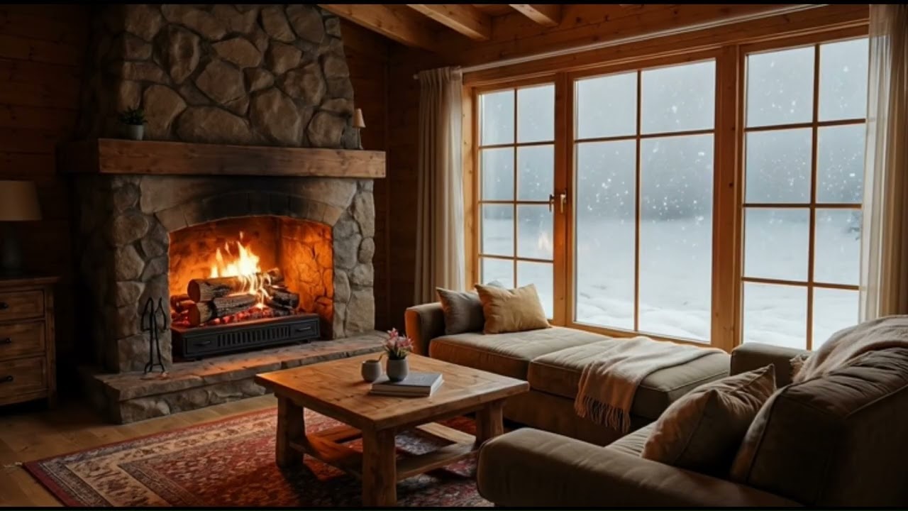 Cozy Fireplace in Snowstorm - NO ADS
