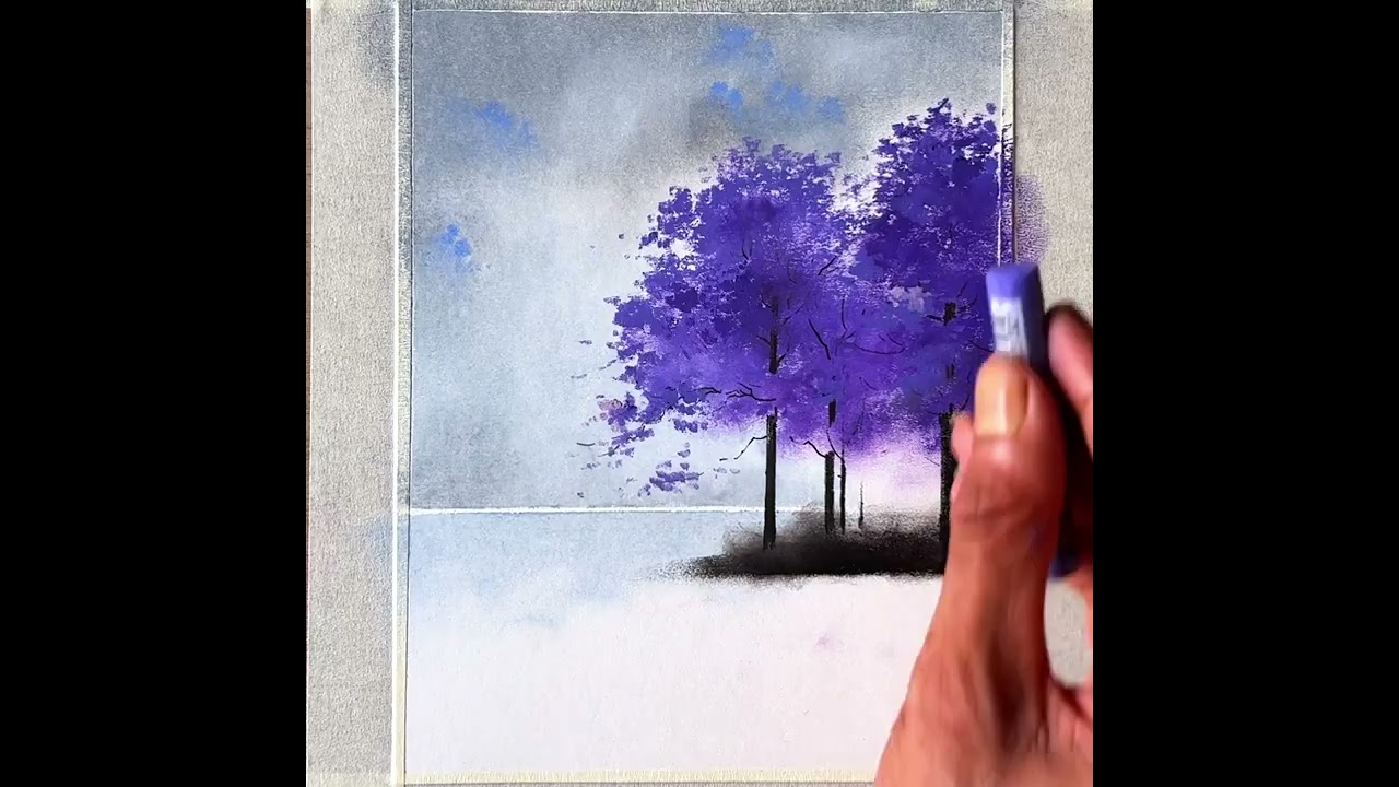 Peaceful foggy winter scene - oil pastel drawing