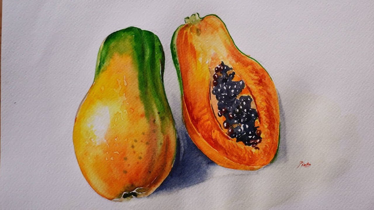 Fruit painting with watercolor | how to draw a papaya