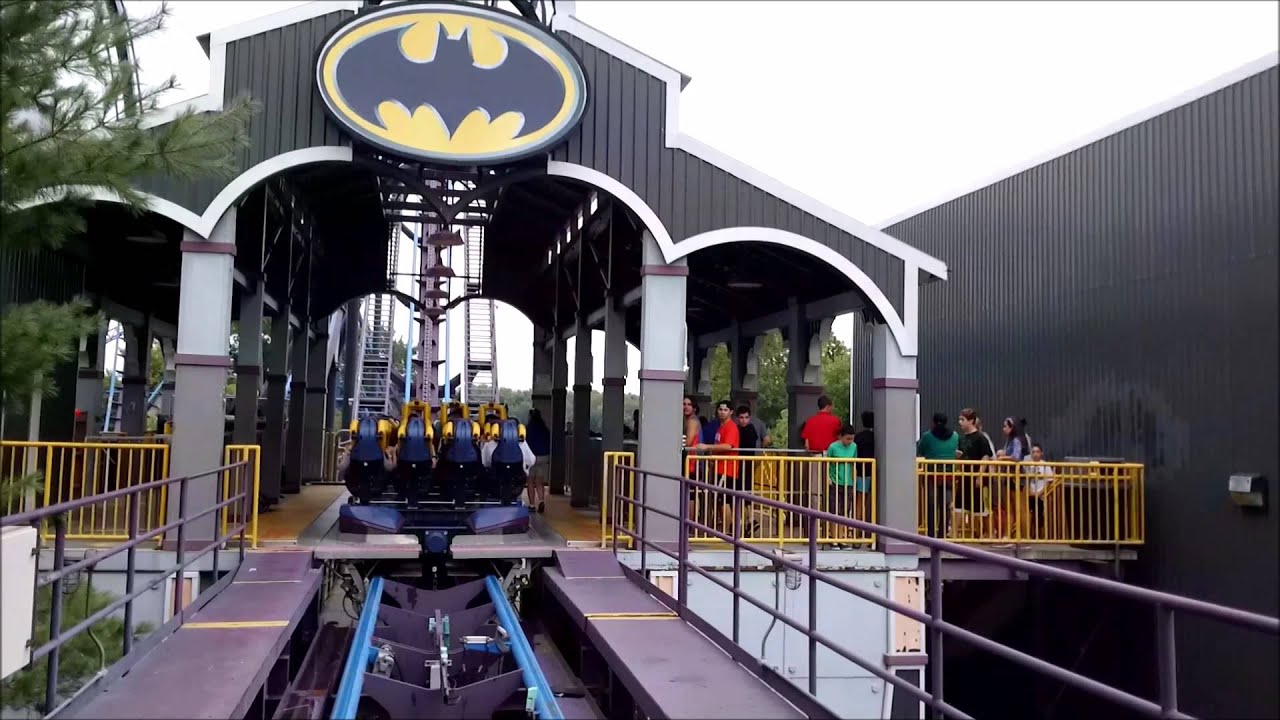 Six Flags New England: Batman the Dark Knight / On Ride Front Row POV / August 22, 2014 / 1080P