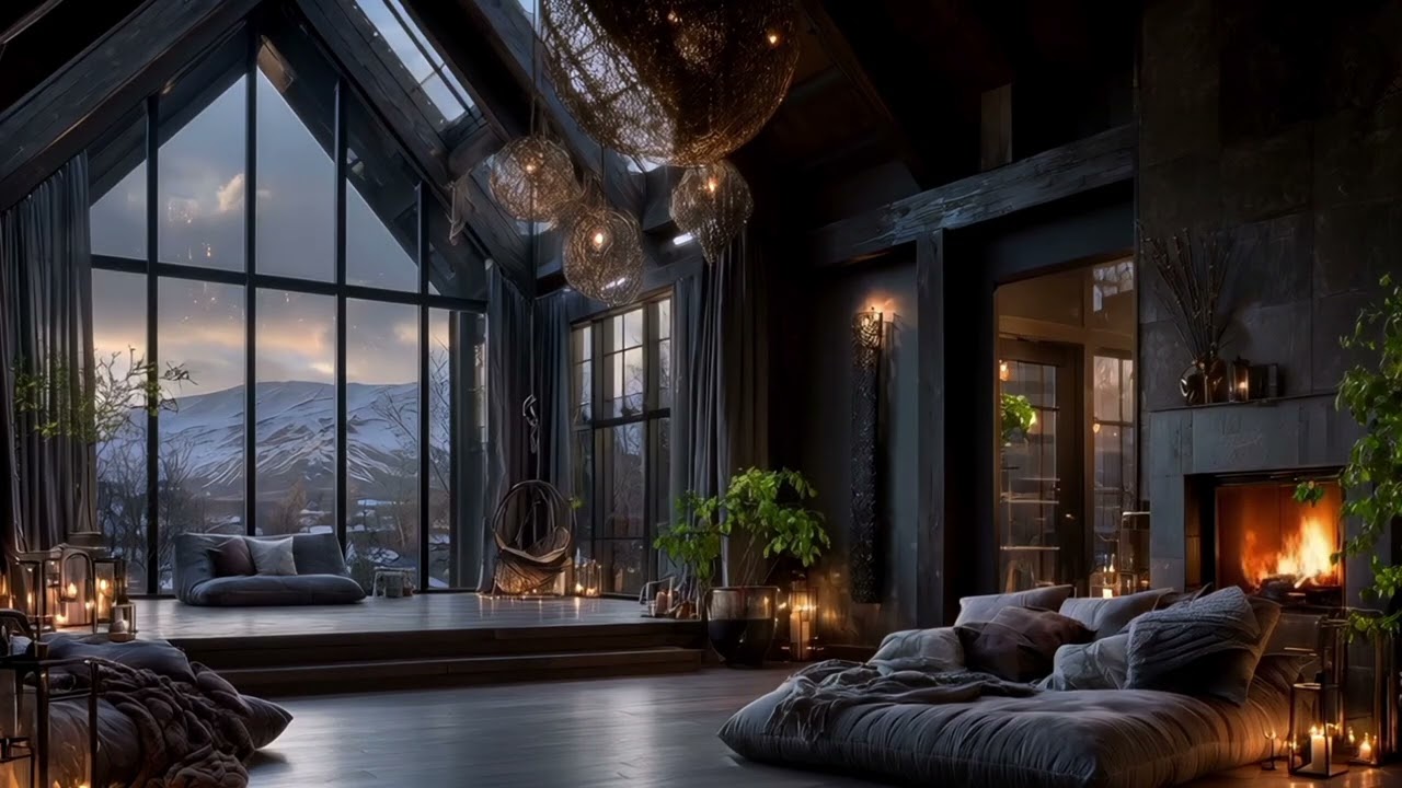 Relaxing Fireplace in Luxury Chalet • Soothing Piano & Crackling Fire Sounds for Sleep, Study, Focus