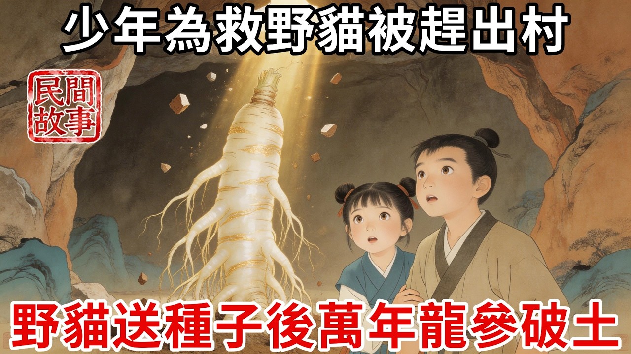 8歲少年父母雙亡，帶5歲妹妹上山撿柴，為救野貓得罪村長9歲兒子被趕出村，住到山洞後野貓送來奇怪種子，誰料種下7日後，萬年龍參破土，引皇帝招他入宮覲見！#民間故事 #傳統文化 #原創虛構 #槐樹下聽書