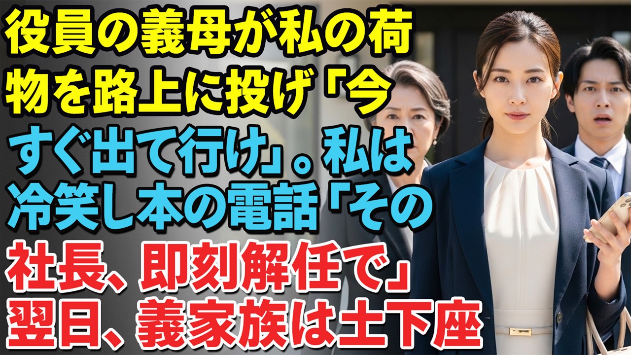 役員の義母が私の荷物を路上に投げ「今すぐ出て行け！」。私は冷笑し一本の電話「その社長、即刻解任で」。翌日、義家族は土下座した…