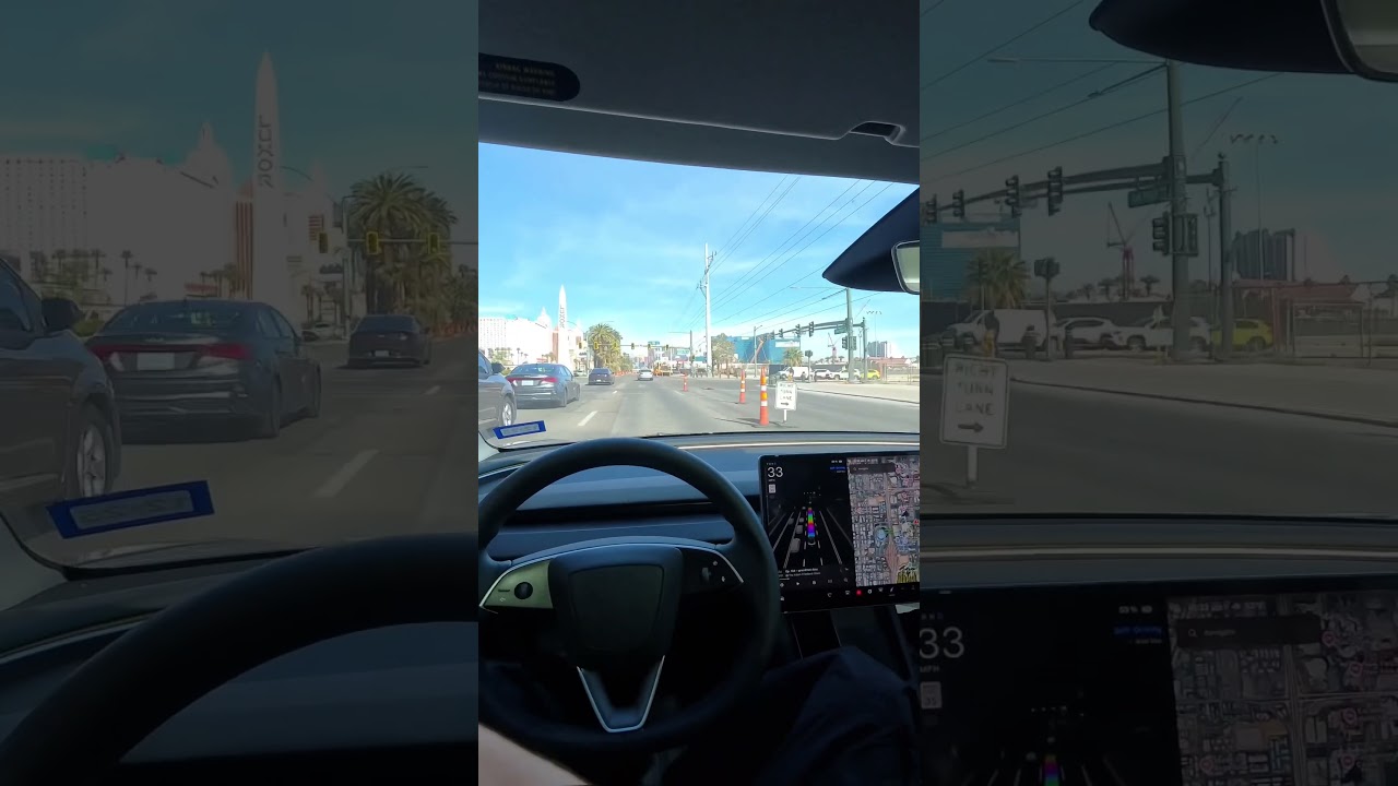 I let FSD drive through a construction zone at the Las Vegas Strip